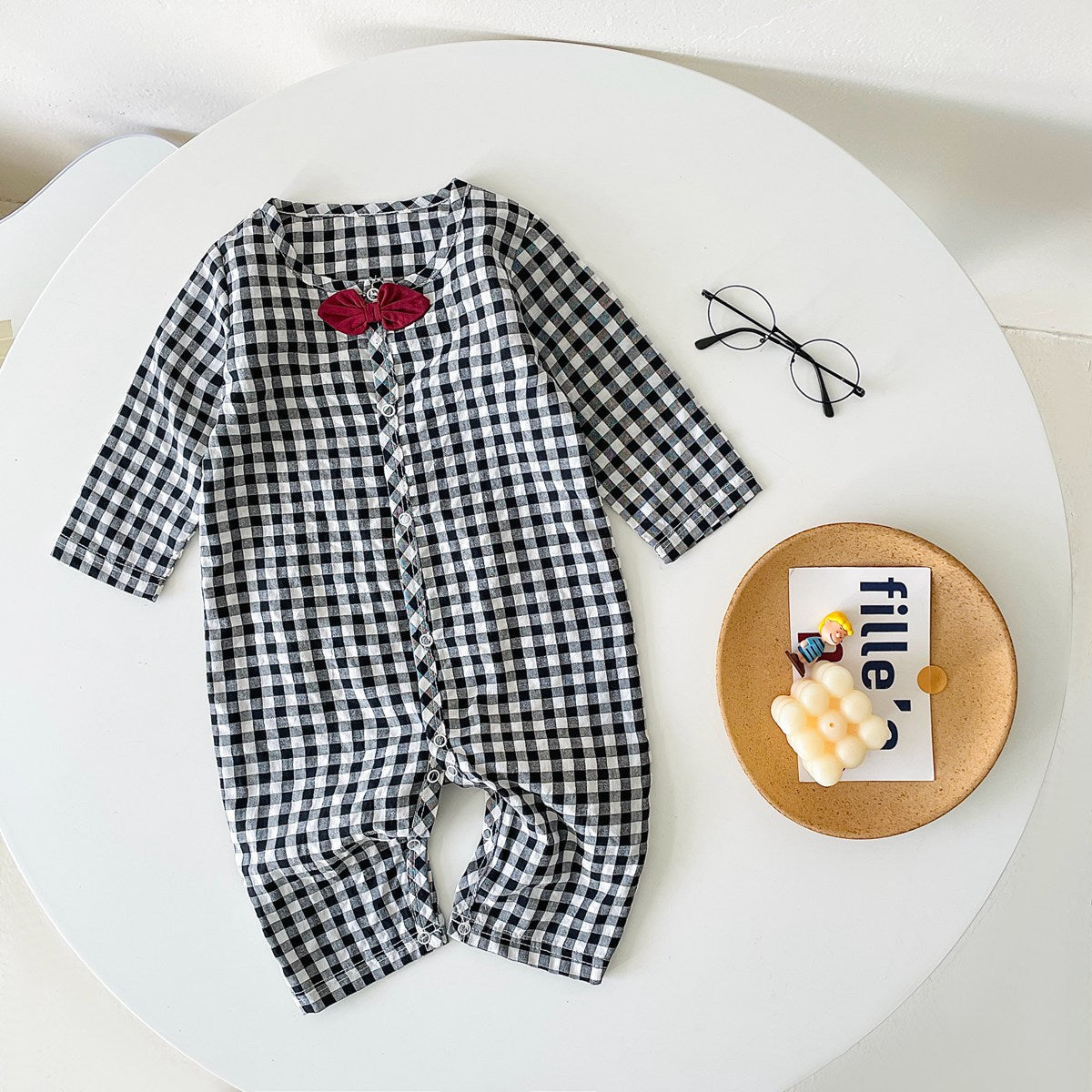 Baby Boy Plaid Pattern Bow Patched Design Cotton Jumpsuit-6