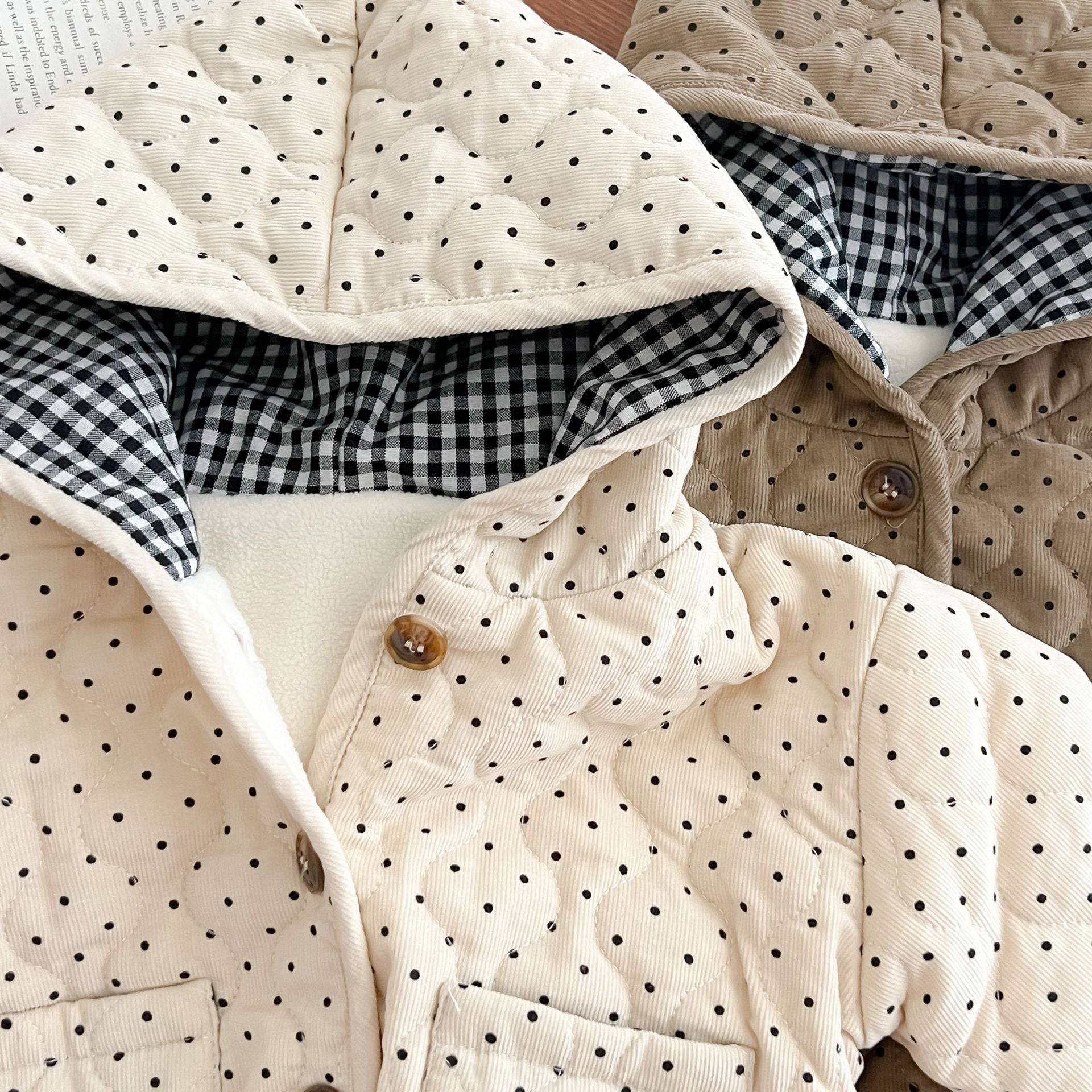Baby Dot Pattern Corduroy Fabric Quilted Warm Coat With Hat-6