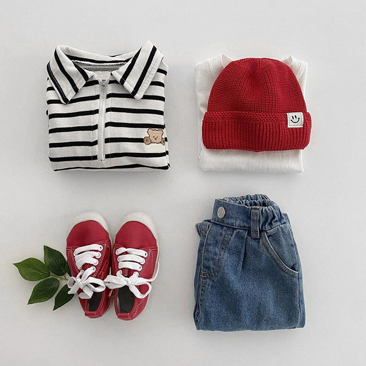 Baby Cute Bear Embroidered & Striped Pattern Polo Neck Cotton Hoodies-5