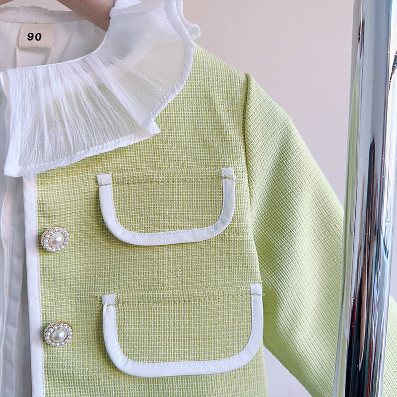Girls Solid Green Ruffle Lace Neck Pockets Cardigan&Skirt Casual Sets-6
