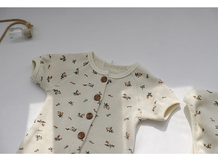 Baby 1pcs Allover Floral Graphic & Solid Single Breasted One PieceJumpsuit-6