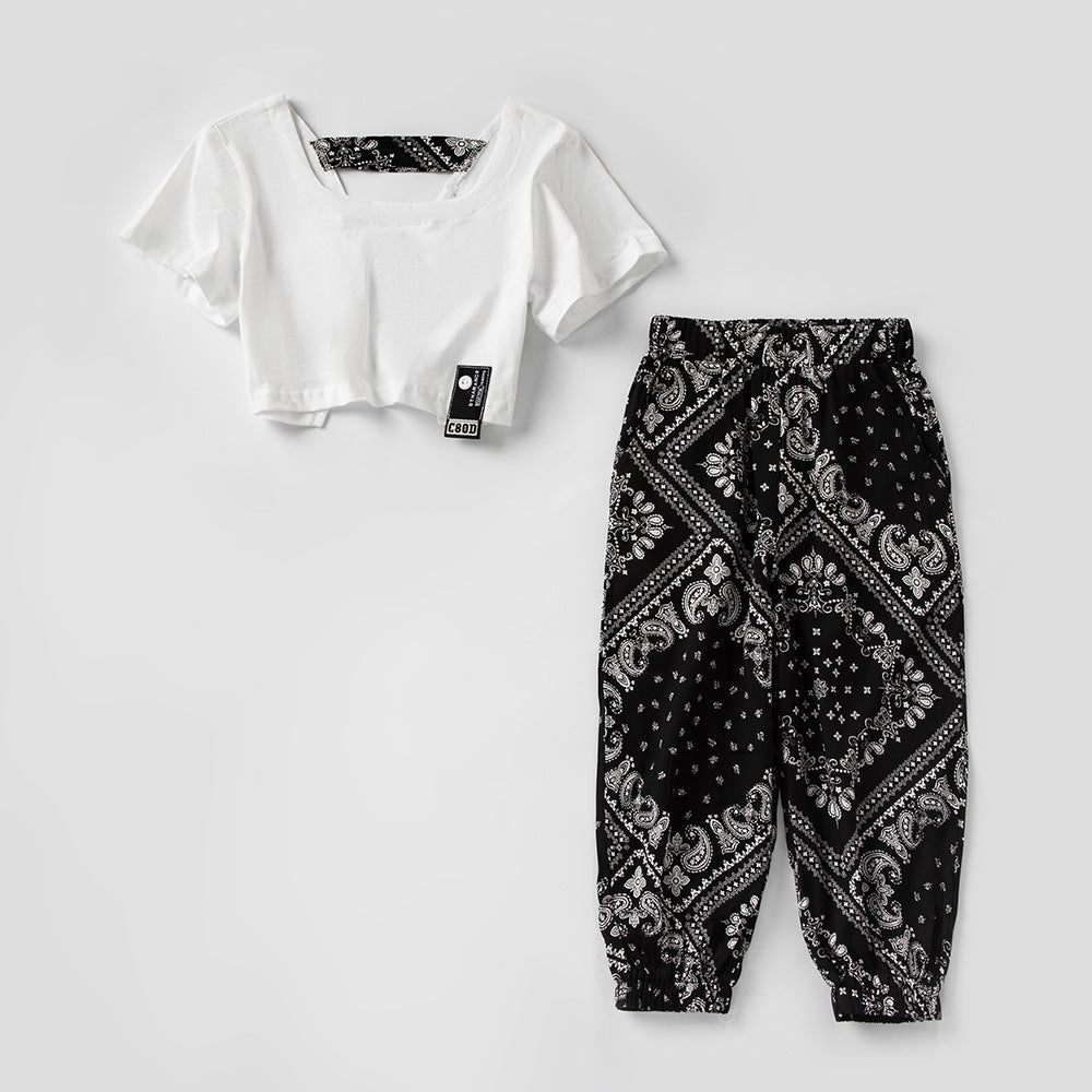 Girl Solid Color Backless Design Tops Combo Floral Pants Sets-0