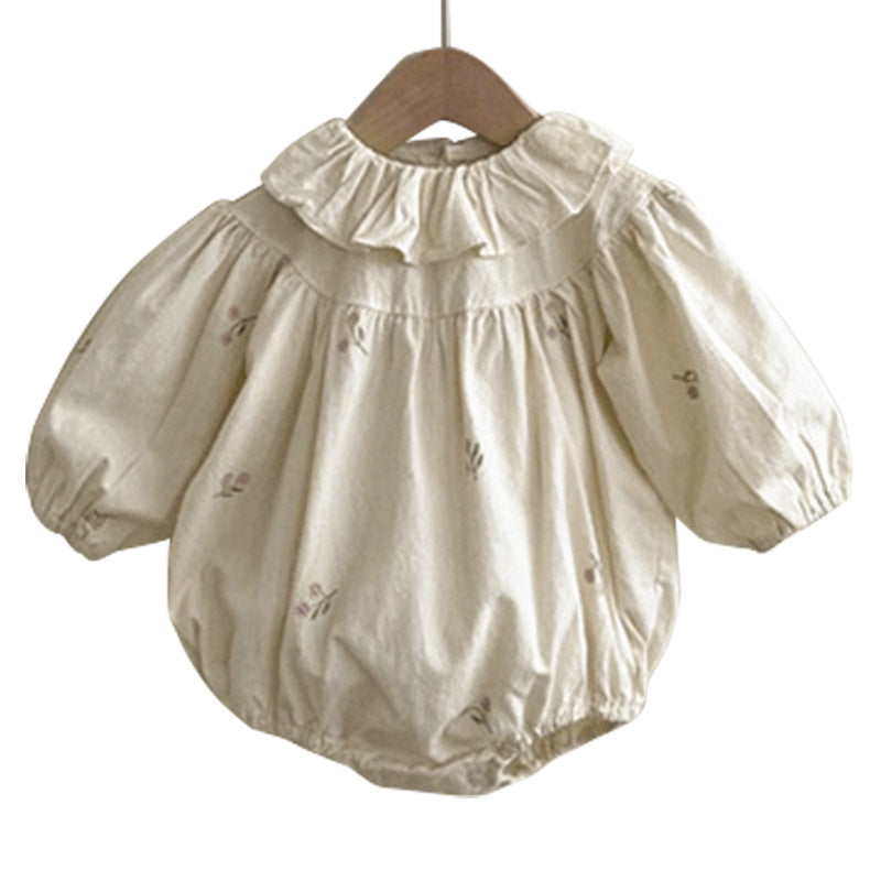 Baby Flower Embroidered Pattern Ruffle Lapel Design Quality Onesies & Shirt-6