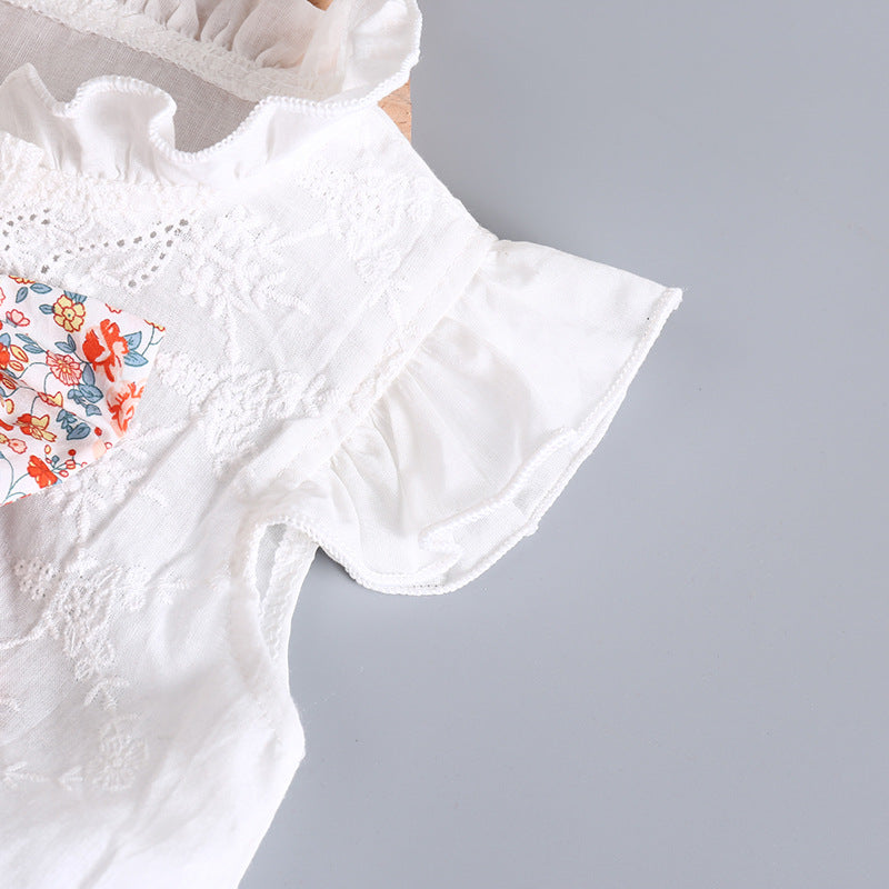 Baby Girl Embroidery Pattern Round Neck Mullet Design Sleeveless Cardigan Onesies With Bow Decorations-5