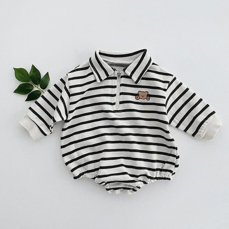Baby Striped & Cartoon Patched Graphic Polo Neck Long Sleeves Bodysuit Onesies-6