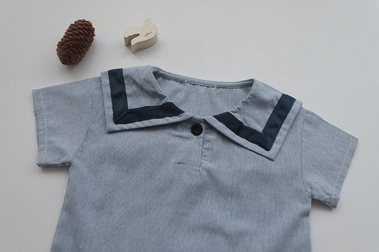 Baby Girl 1pc Contrast Tape Lapel Tops & Shorts Navy Style College Sets-6