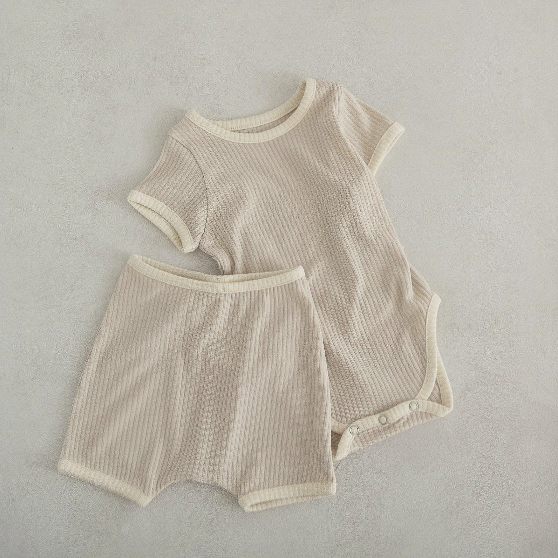 Baby Unisex Solid Color Comfy Cotton Onesies & Shorts Sets With Headband-6