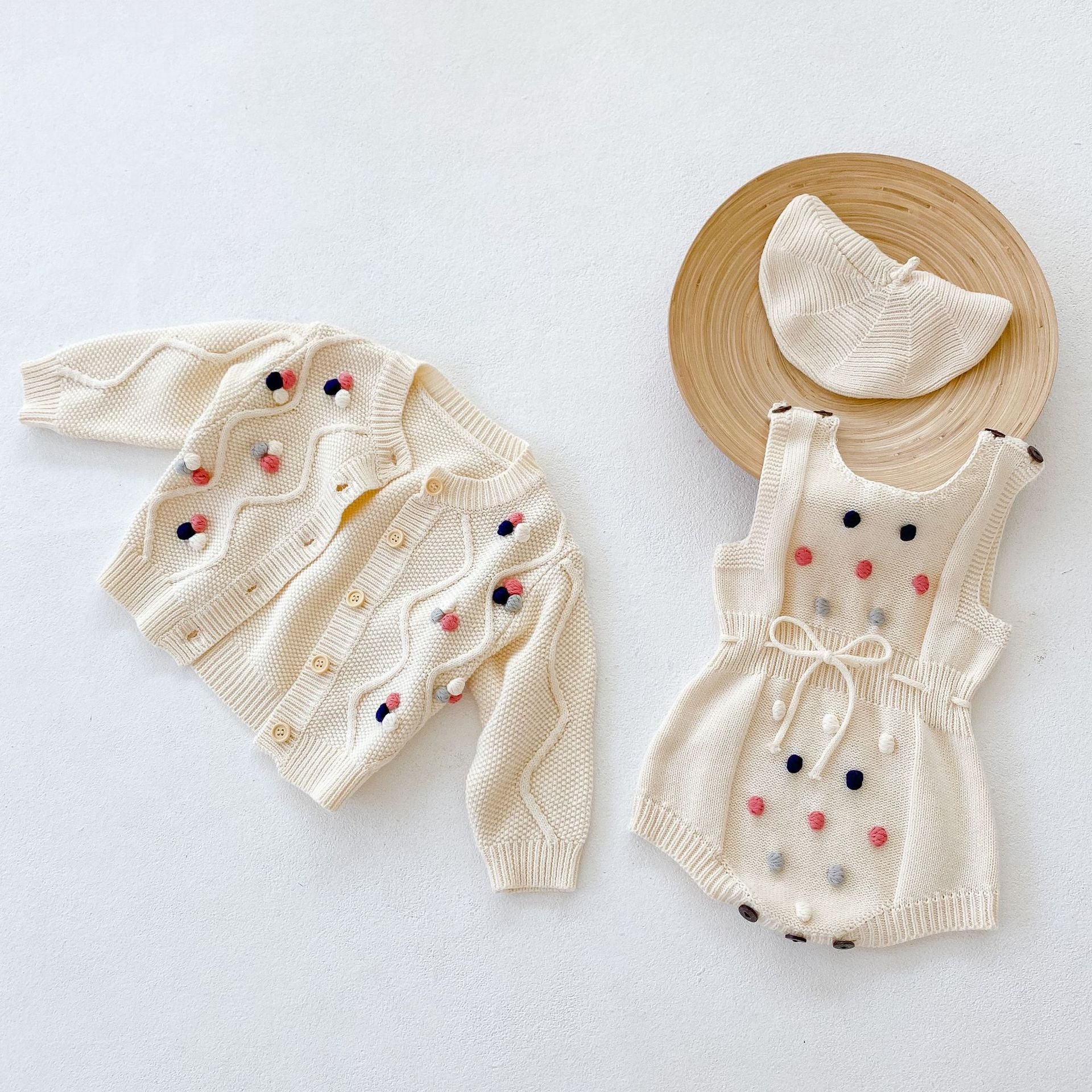Baby Girl Colorful Handmade Ball Patched Belted Knitted Bodysuit & Cardigan 1-Pieces Sets-0