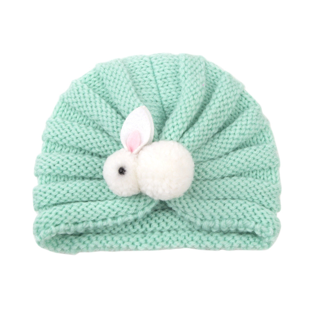 Newborn Baby Solid Color Rabbit Patched Design Wool Knitting Tire Caps-6