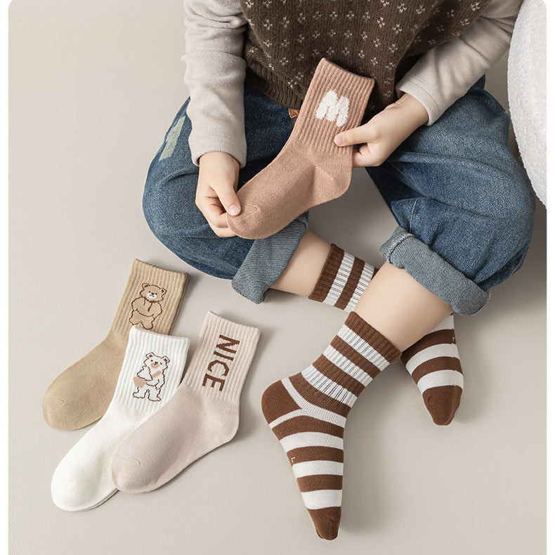 Kids Unisex Breathable Comfy Brown Bear Series Cartoon Pattern Socks Set-5
