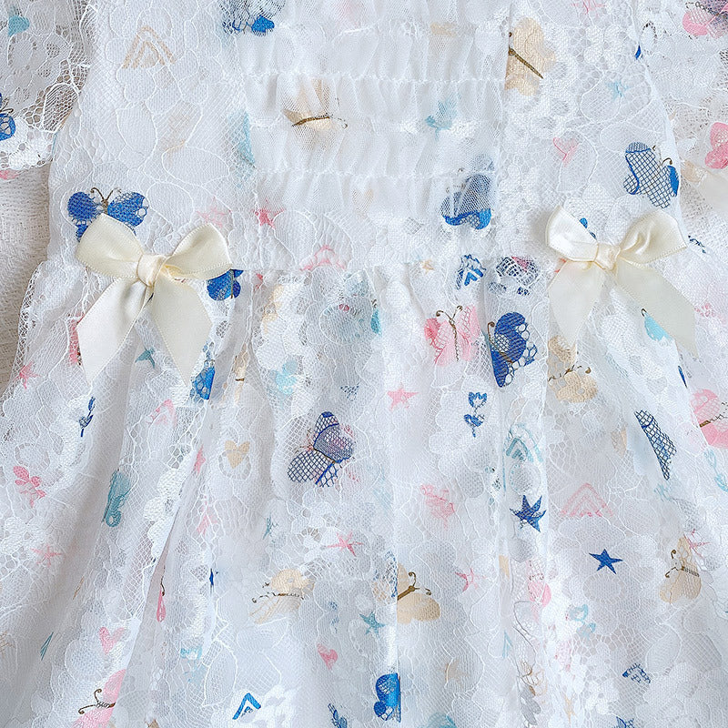 Baby Girl Butterfly Print Lace Patchwork Design Square-Collar Dress-6