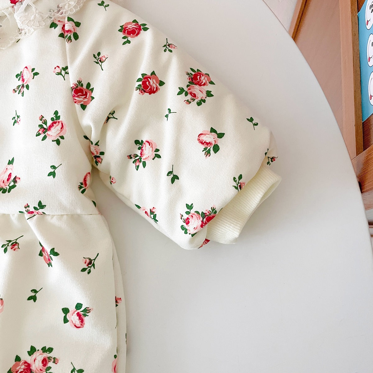 Baby Girl Floral Pattern Mesh Patched Design Doll Neck Jumpsuit-6