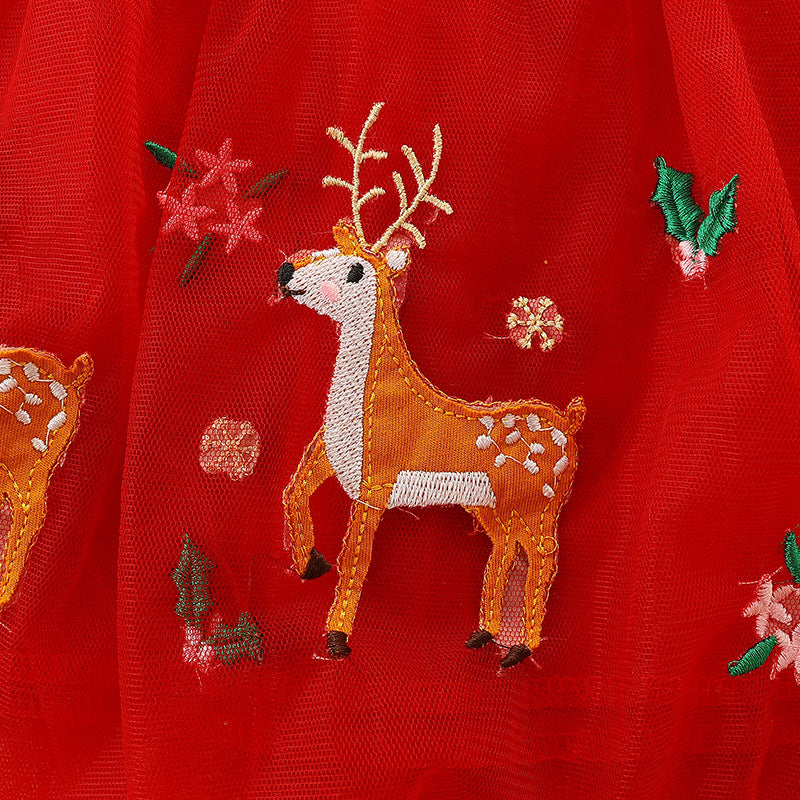 Girls’ European-American Style Santa Claus And Reindeer Embroidered Tulle Dress With Striped Pattern-7