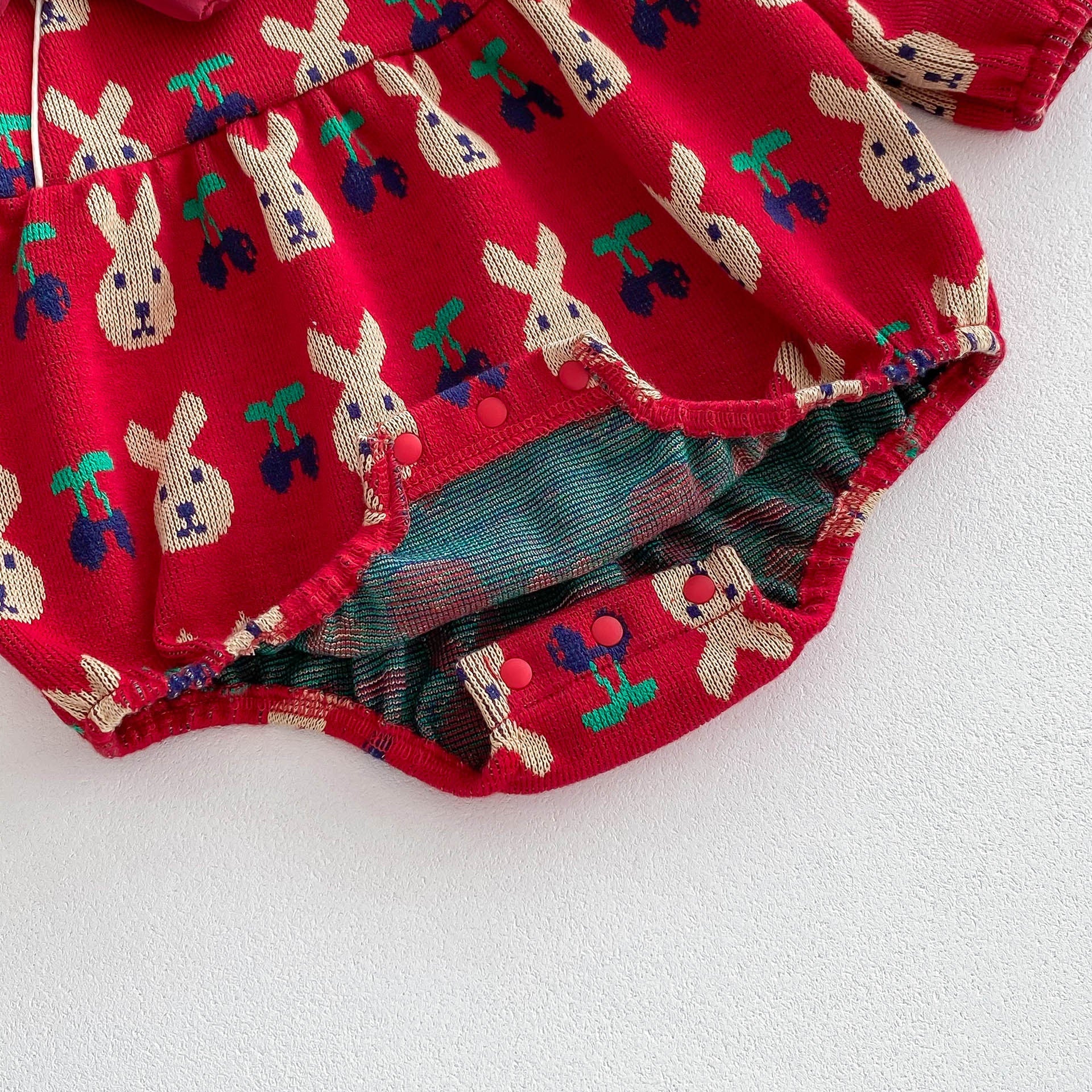 Infant Baby Girls Rabbit&Cherry Around Long Sleeve One Piece-6