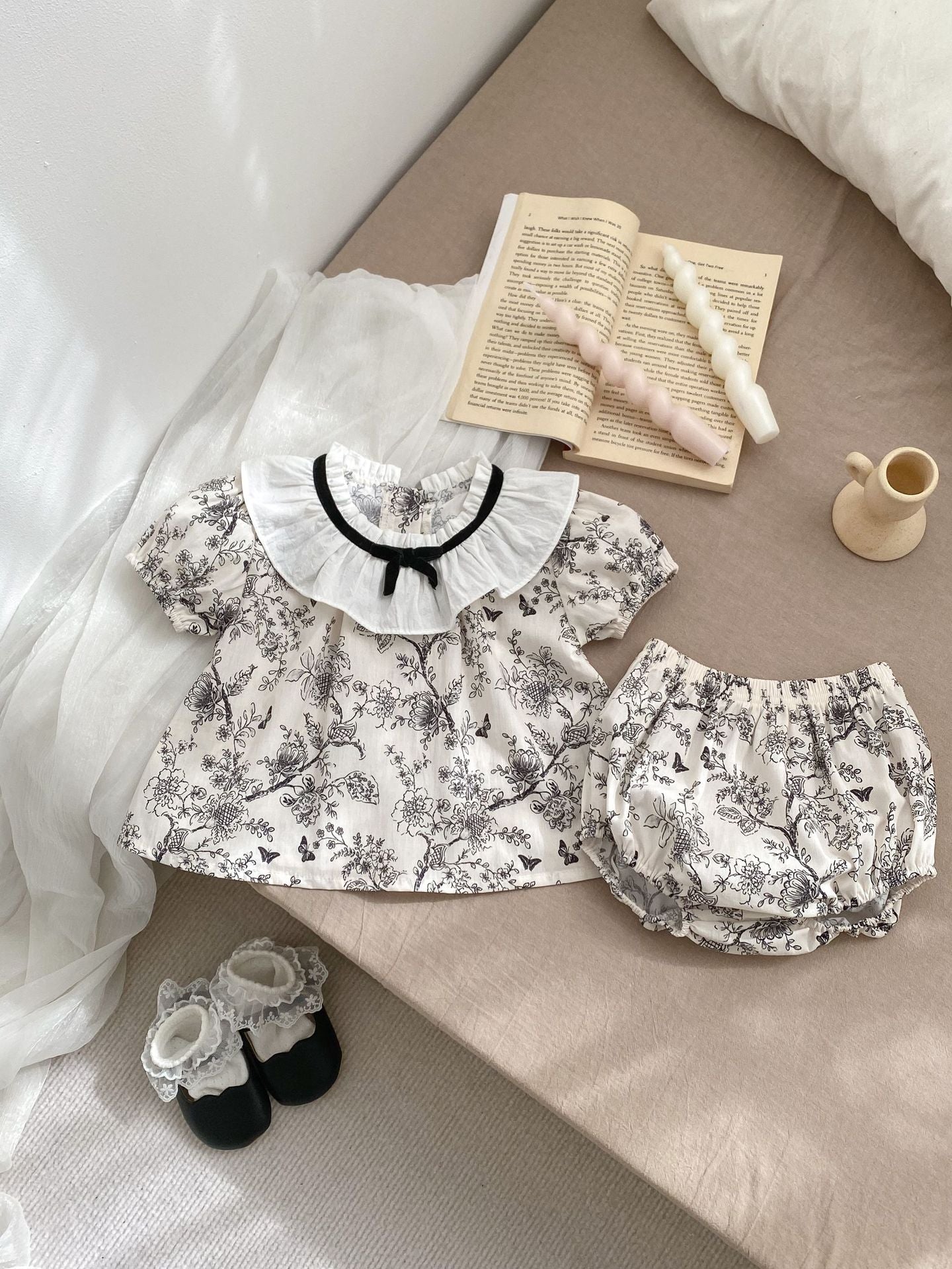 Summer Baby Kids Girls Ink Splatter Floral Pattern Short-Sleeved Top And Diaper Cover Pants – Set-6
