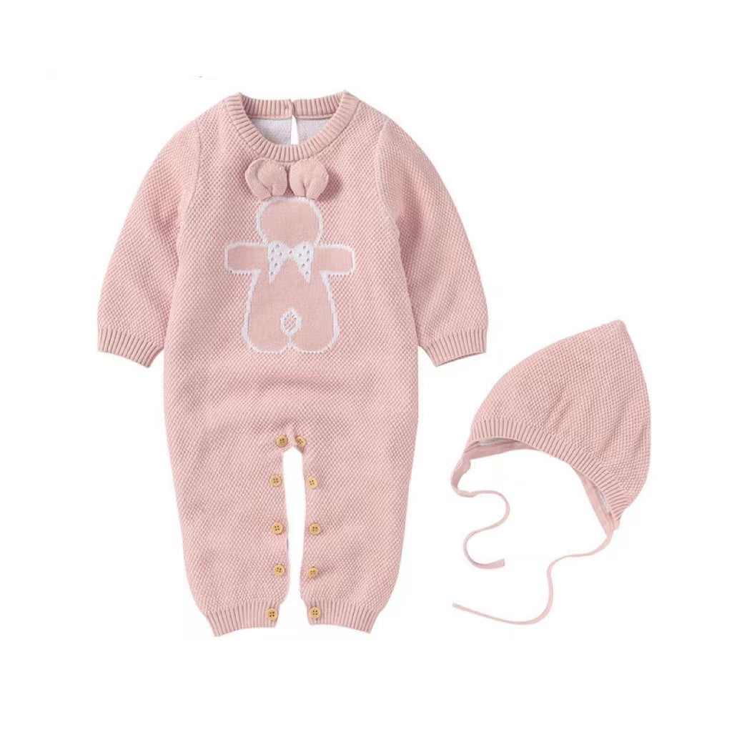 Baby Cartoon Bunny Embroidered Graphic Solid Warm Rompers With Hat-7