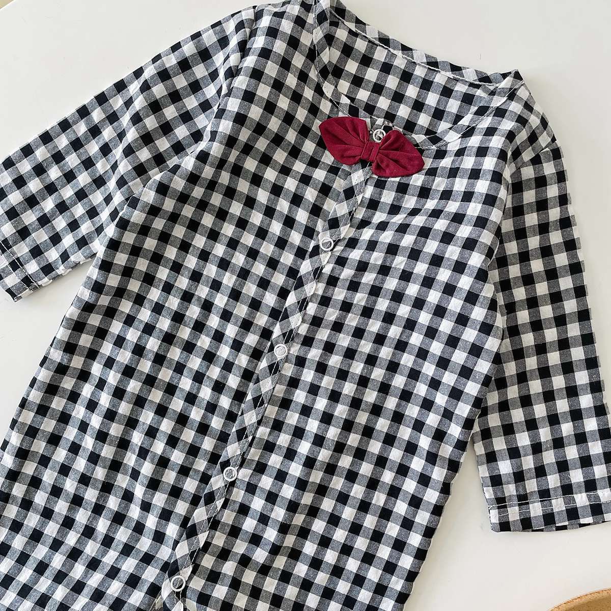 Baby Boy Plaid Pattern Bow Patched Design Cotton Jumpsuit-7