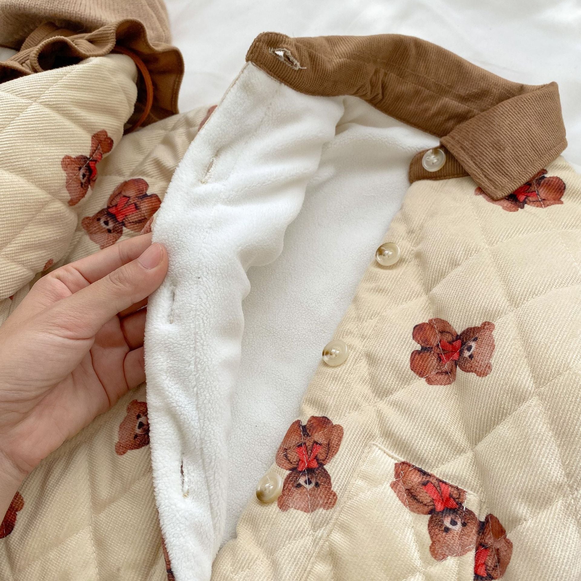 Baby Cartoon Bear Graphic Cute Style Quilted Warm Long Sleeve Dress & Jumpsuit-7