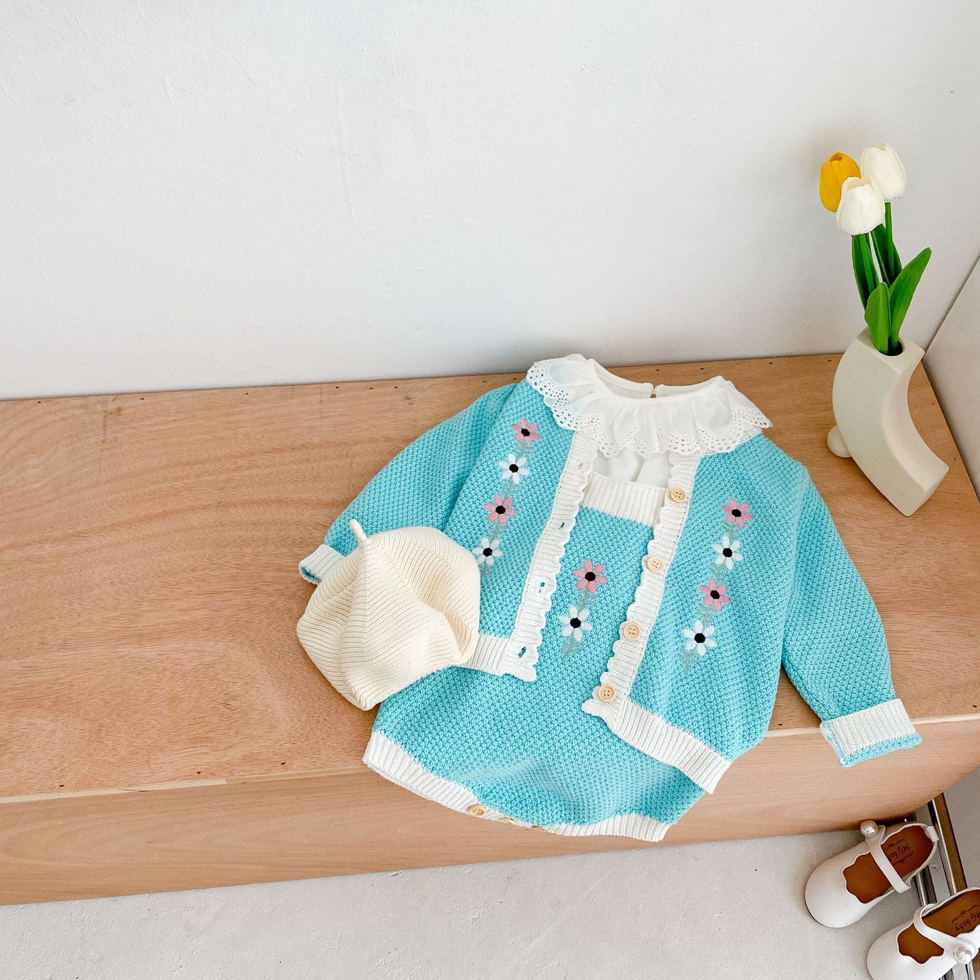Baby Girl Flower Embroidered Graphic Contrast Bodysuit & Cardigan 1-Pieces Sets-6