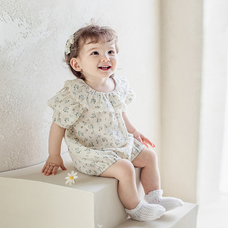 Baby Girl Flower Pattern Flying Sleeves Onesies & Clothing Sets With Headband-7
