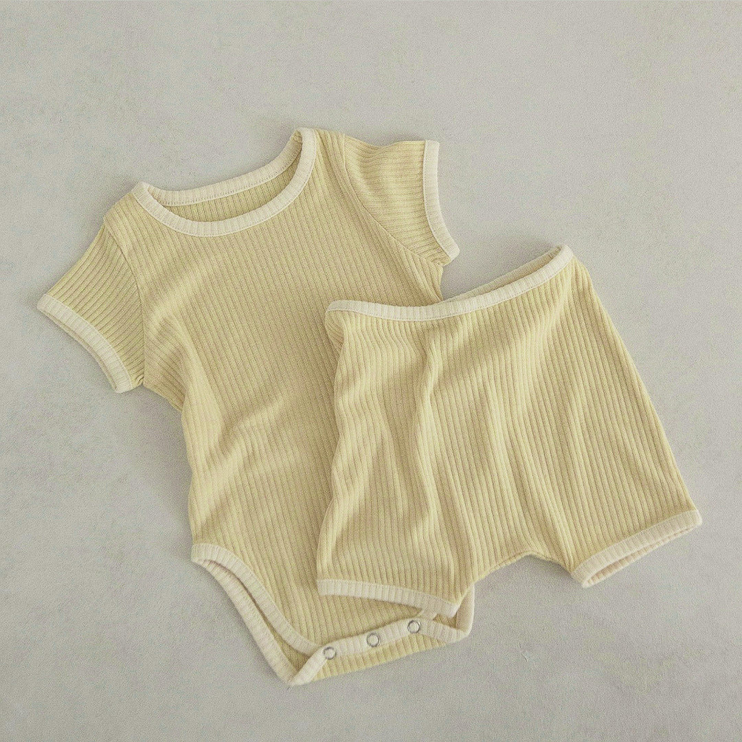 Baby Unisex Solid Color Comfy Cotton Onesies & Shorts Sets With Headband-7