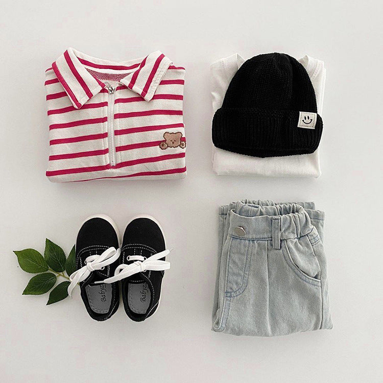 Baby Cute Bear Embroidered & Striped Pattern Polo Neck Cotton Hoodies-6