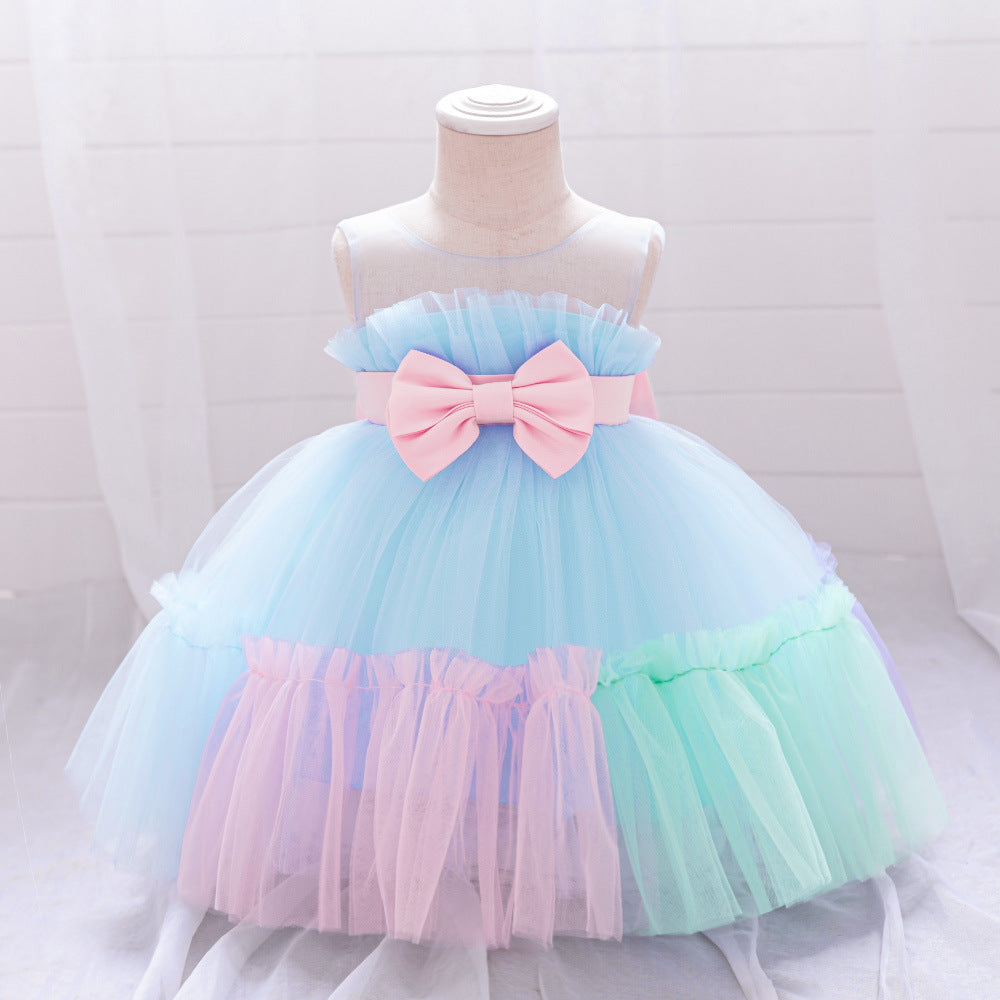 Summer Baby Kids Girls Princess Crew Neck Sleeveless 3D Butterfly Bow Colorful Mesh Dress-2
