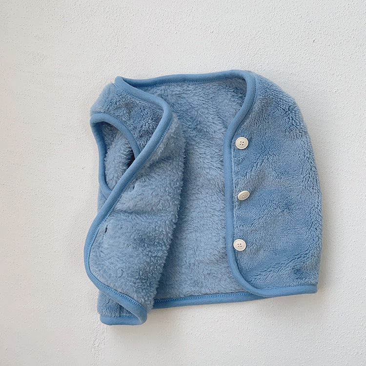Baby Solid Color Plush Single Breasted Sleeveless Coat In Winter-7