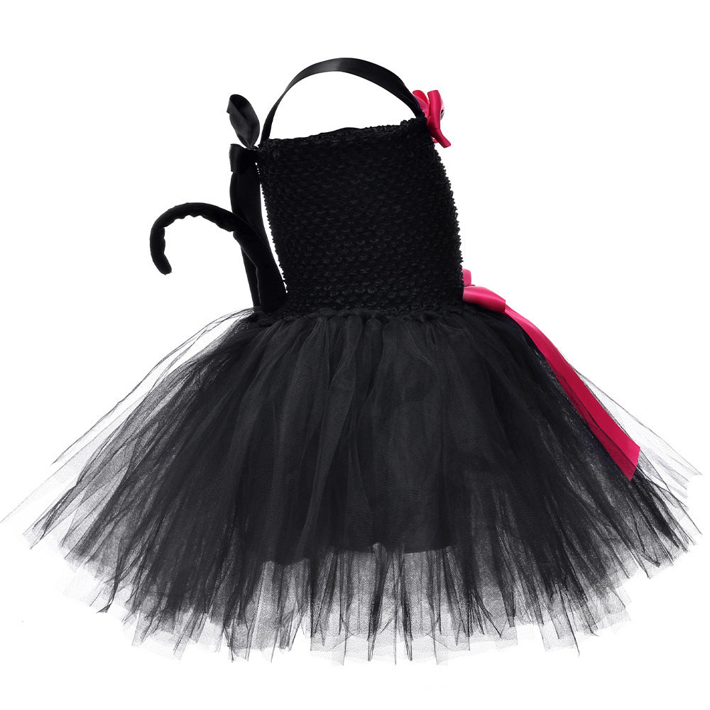 Children’s Halloween Solid Color Cat Costume Mesh Tutu Dress & 1-Piece Jewelry Sets-7