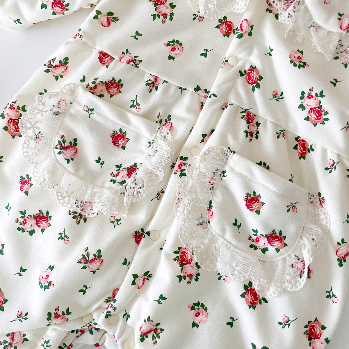 Baby Girl Floral Pattern Mesh Patched Design Doll Neck Jumpsuit-7