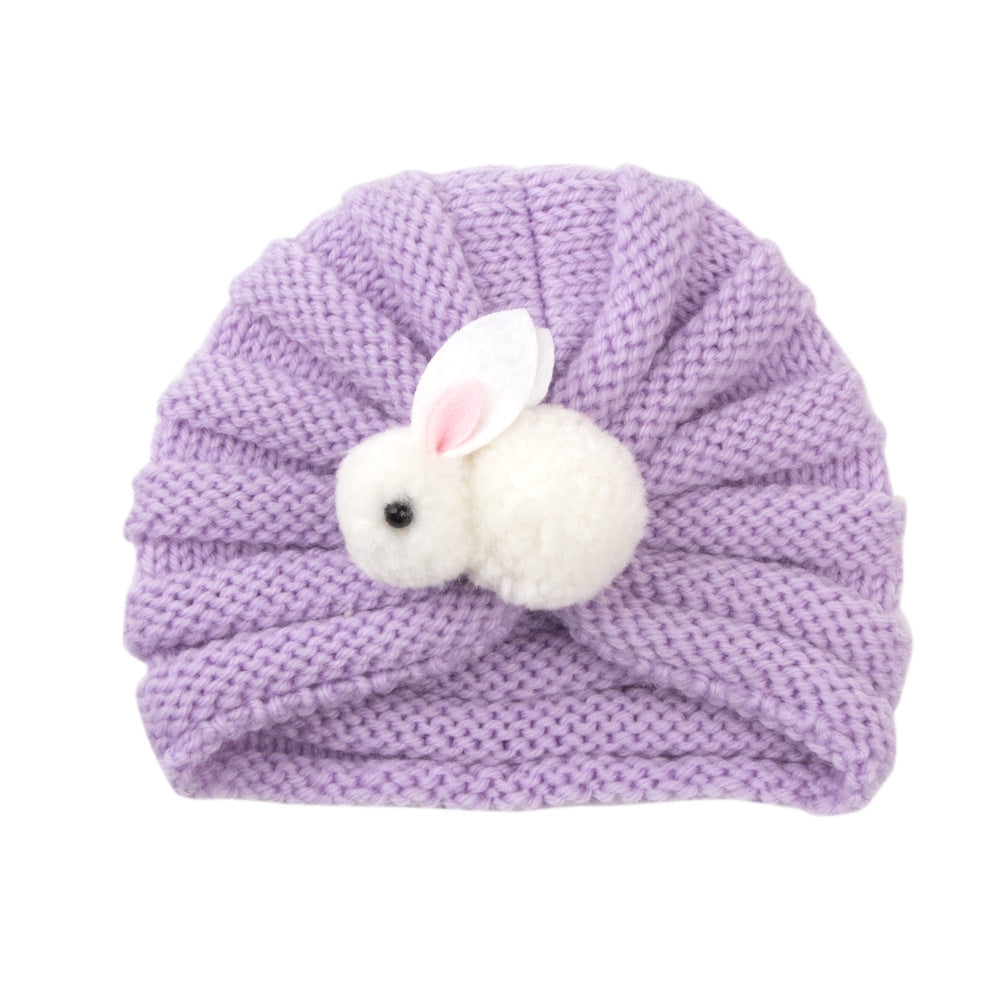 Newborn Baby Solid Color Rabbit Patched Design Wool Knitting Tire Caps-7