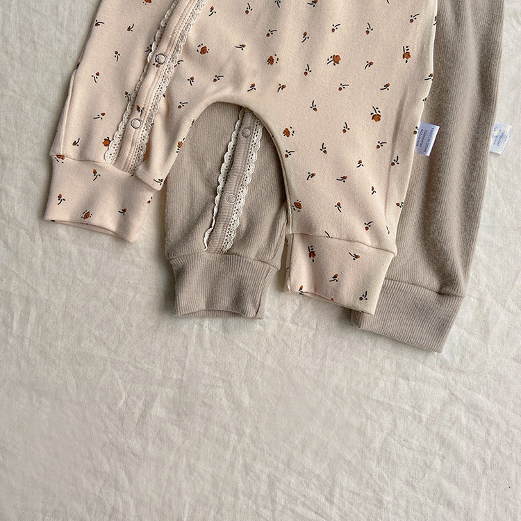 Baby Flower Pattern & Solid Color Lace Design Button Front Jumpsuit-7