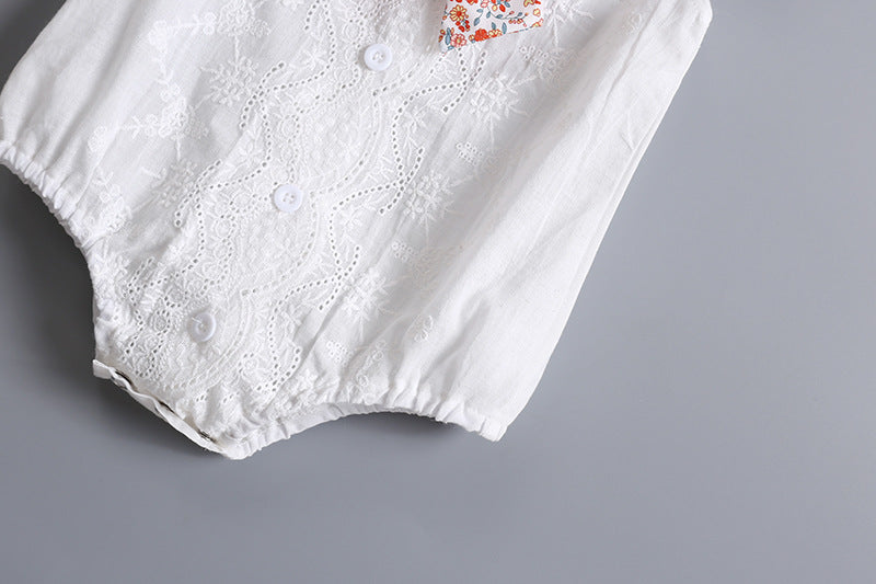 Baby Girl Embroidery Pattern Round Neck Mullet Design Sleeveless Cardigan Onesies With Bow Decorations-6