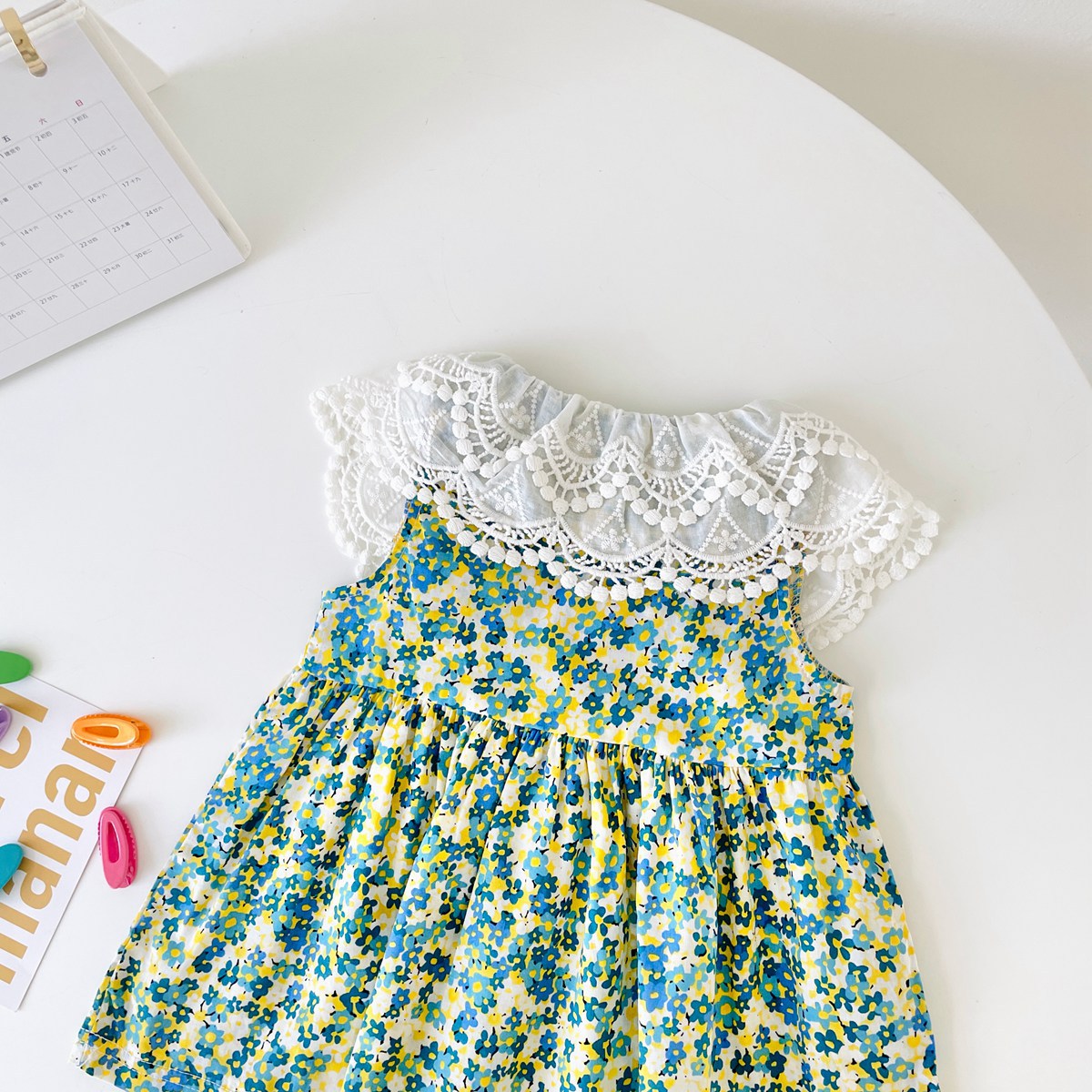 Baby Girl Floral Print Lace Patchwork Design O-Neck Dress-7