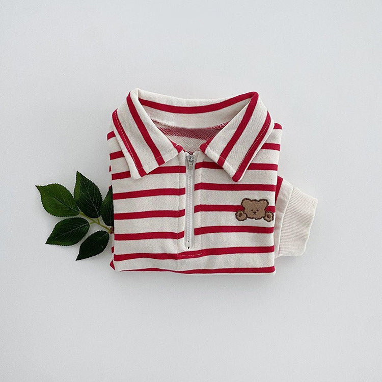 Baby Striped & Cartoon Patched Graphic Polo Neck Long Sleeves Bodysuit Onesies-7