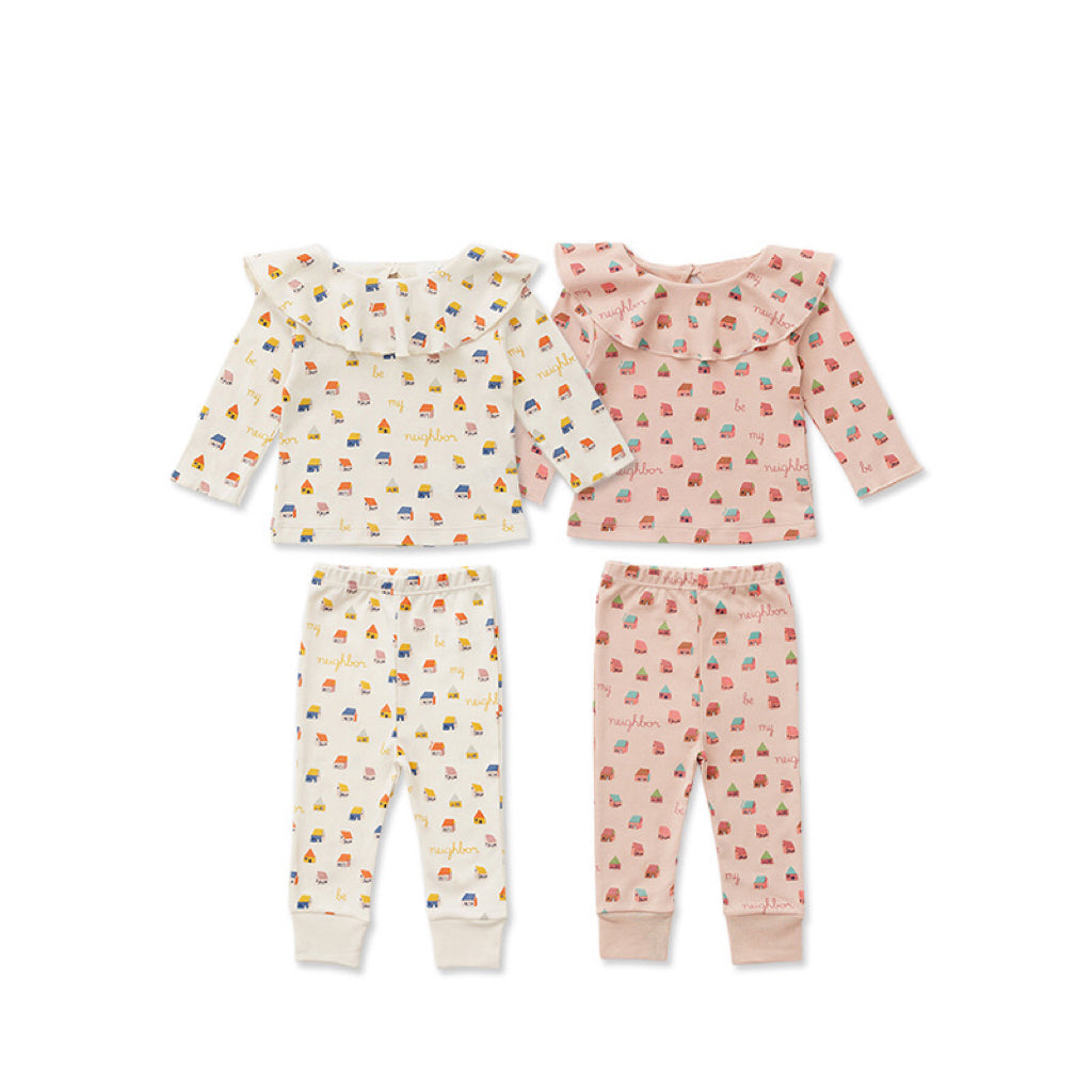 Baby Cartoon & Plaid Pattern Ruffle Neck Design Long Sleeve Sets-6