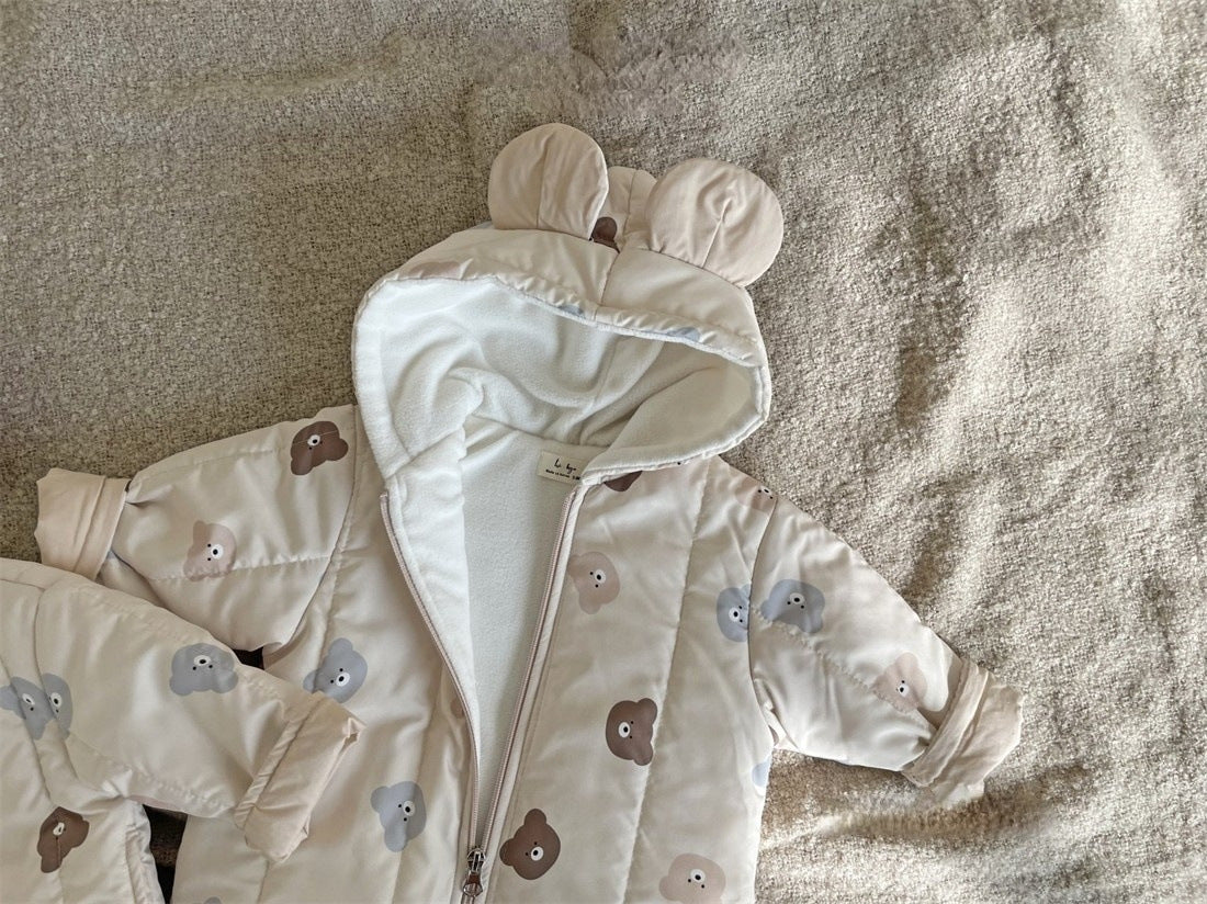 Baby Bear Print Pattern Quilted Warm Coat & Jumpsuit-7