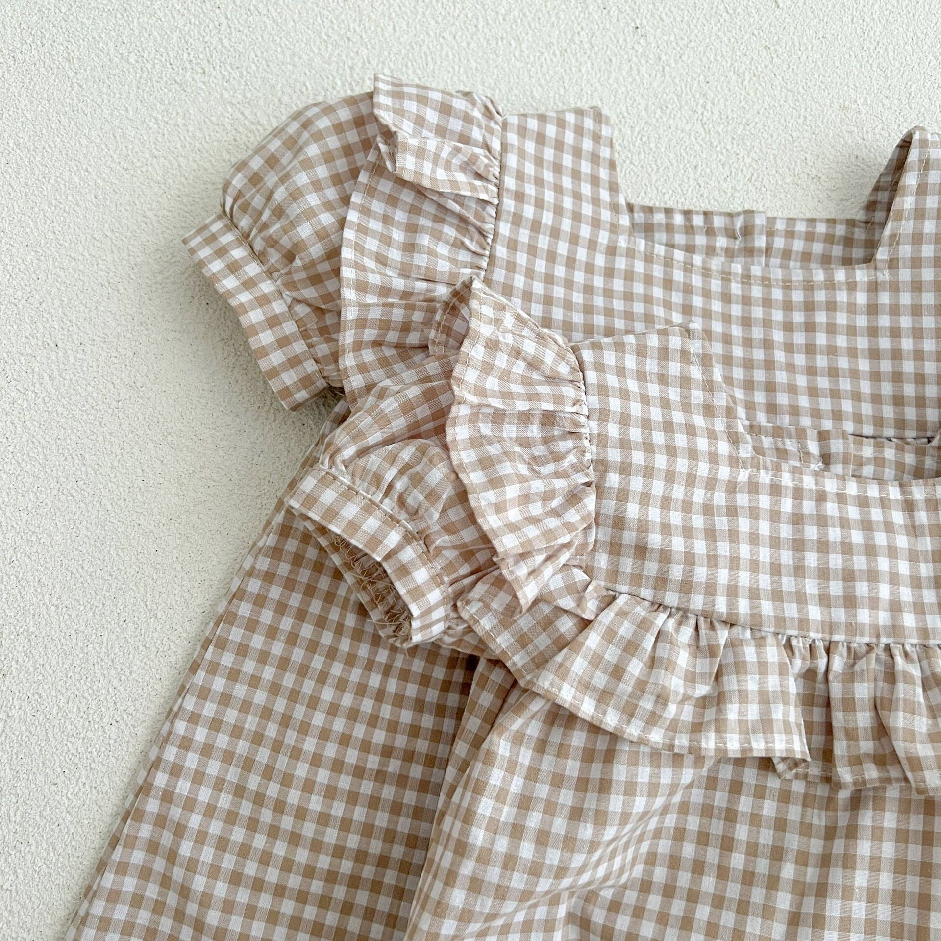 Baby Plaid Pattern Square Neck Puff Sleeves Onesies & Dress-7