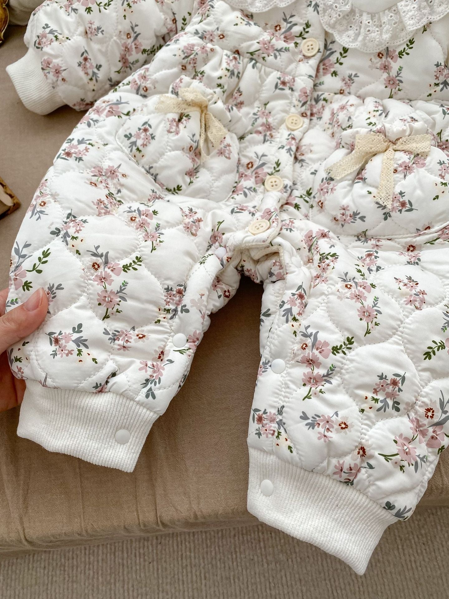 Infant Baby Girl Floral Combo Laces Warm Thicken Long Sleeve Jumpsuit-8