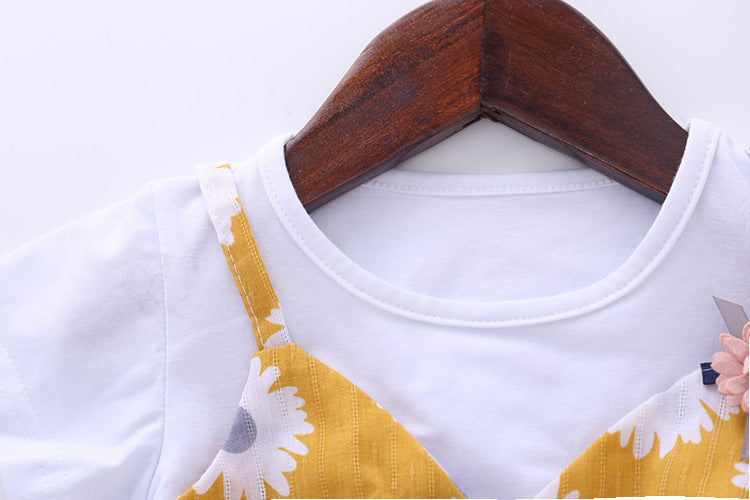 Baby Girl Little Daisy Print Pattern False Two-Piece Patchwork Design Round Collar Short-Sleeved Dress-7
