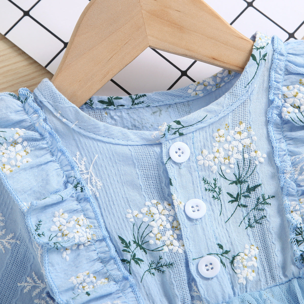 Baby Girl 1pcs Allover Grass Embroidered Graphic Mesh Overlay Dress Longsleeve Onesies-7