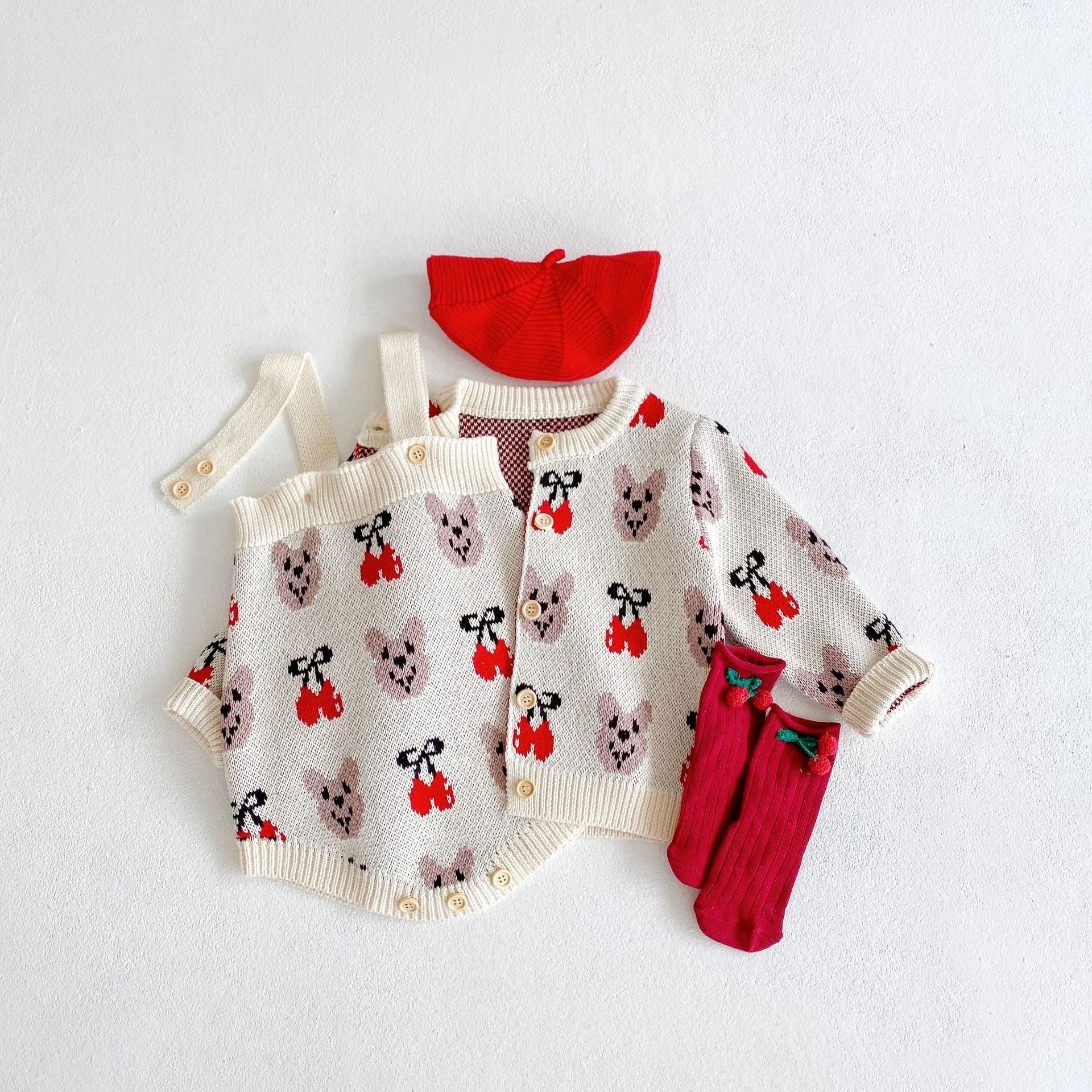 Baby Girl 1pcs Allover Cartoon Bear & Cherry Embroidered Graphic Bodysuit & Cardigan Knitted Sets-0