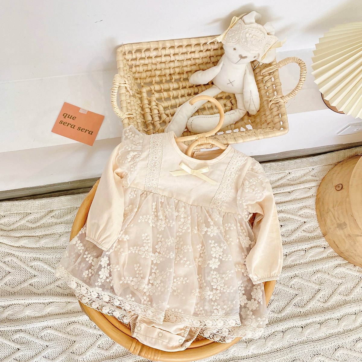 Baby Girl Solid Color Floral Embroidered Mesh Overlay Design Onesies Dress-6