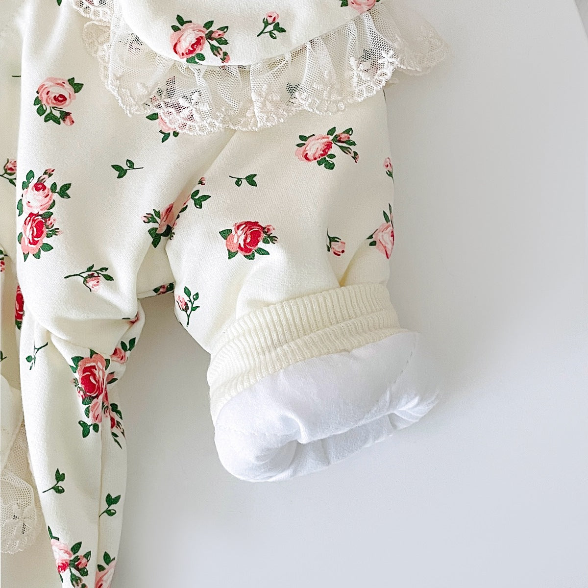 Baby Girl Floral Pattern Mesh Patched Design Doll Neck Jumpsuit-8