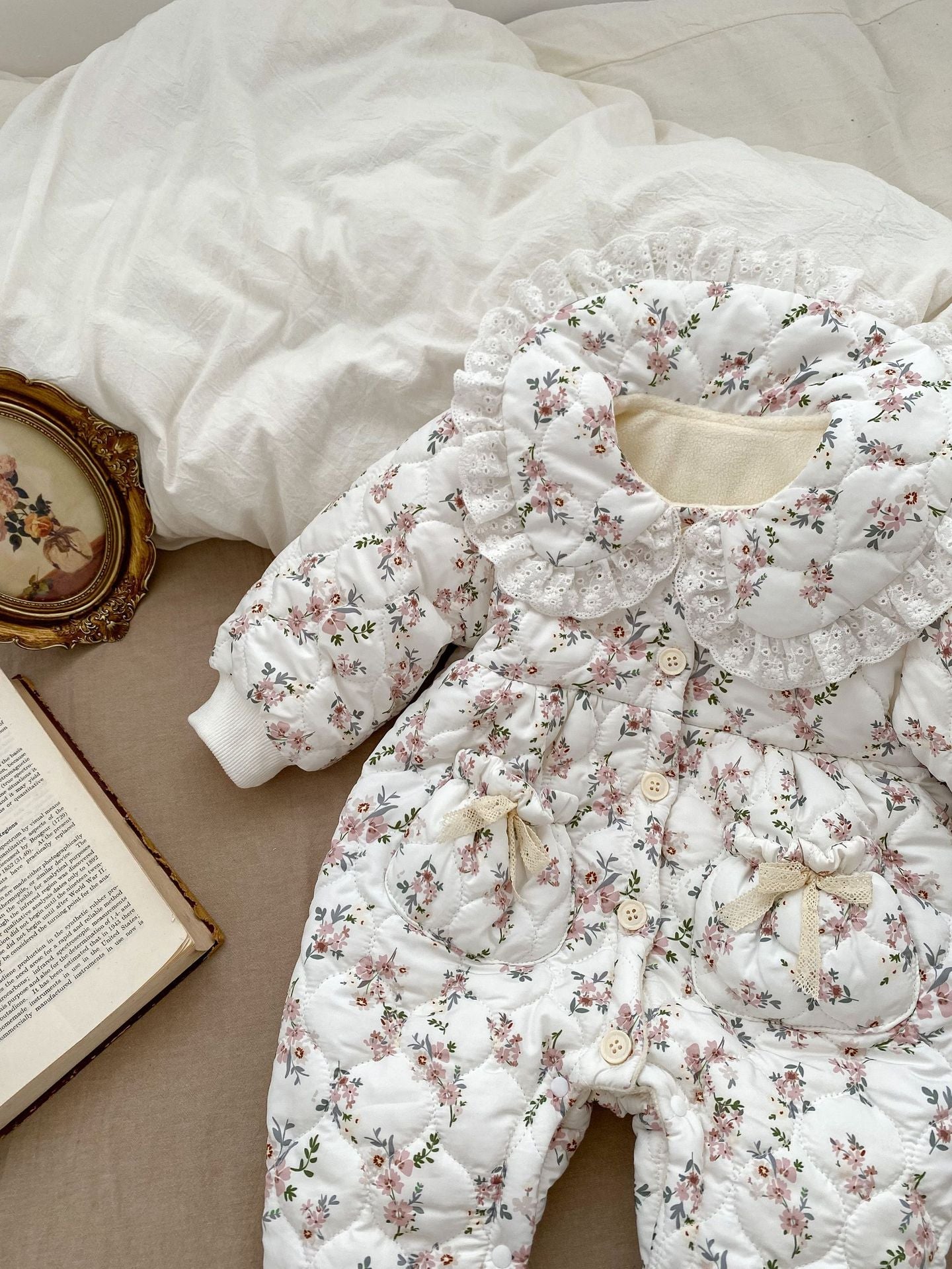 Infant Baby Girl Floral Combo Laces Warm Thicken Long Sleeve Jumpsuit-9