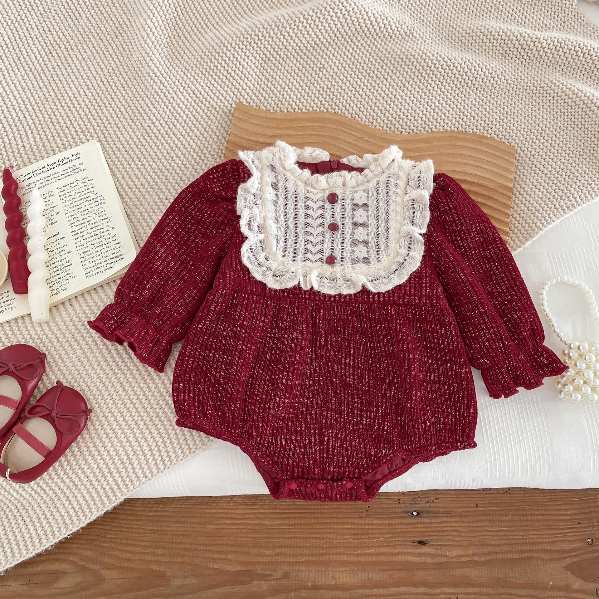 Ins Autumn&Winter Baby Girls Laces Round Collars Long Sleeve One Piece-0