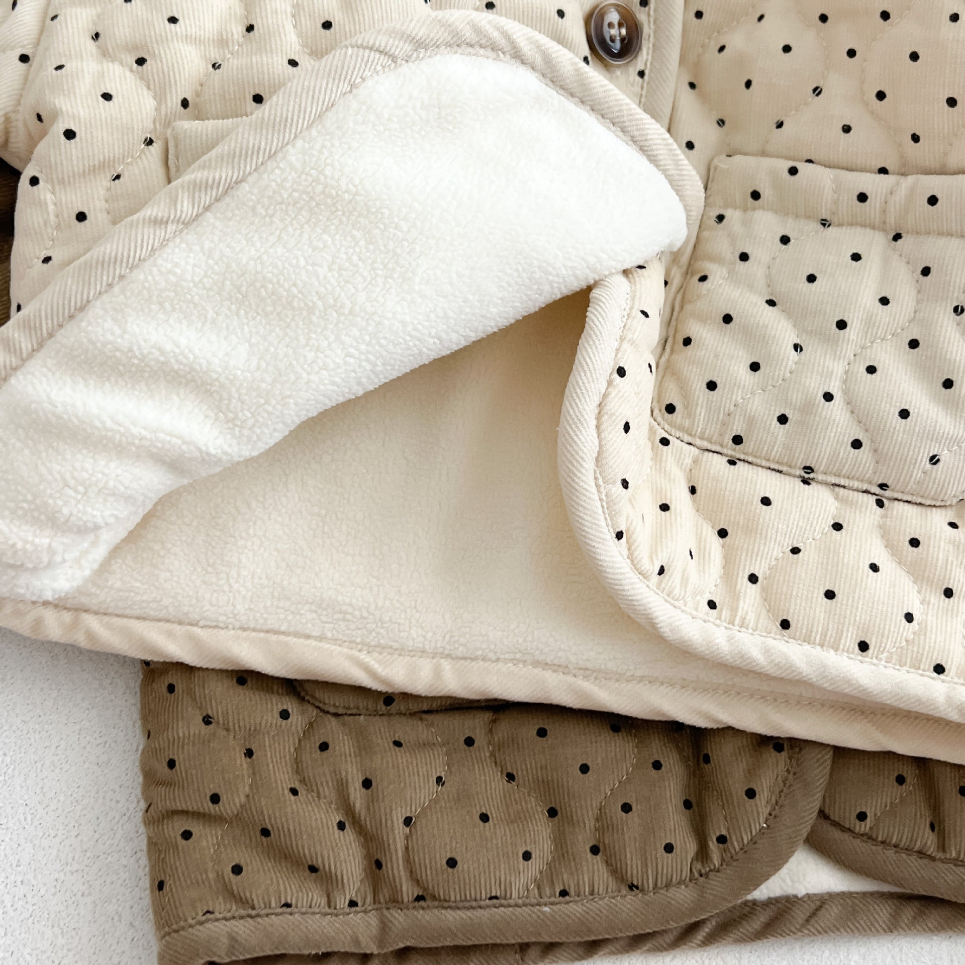 Baby Dot Pattern Corduroy Fabric Quilted Warm Coat With Hat-8