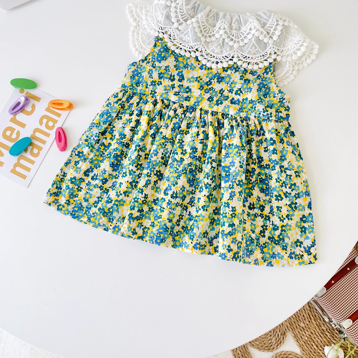 Baby Girl Floral Print Lace Patchwork Design O-Neck Dress-8