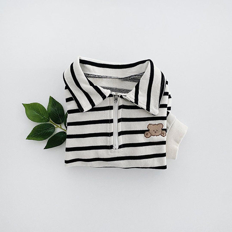 Baby Striped & Cartoon Patched Graphic Polo Neck Long Sleeves Bodysuit Onesies-8