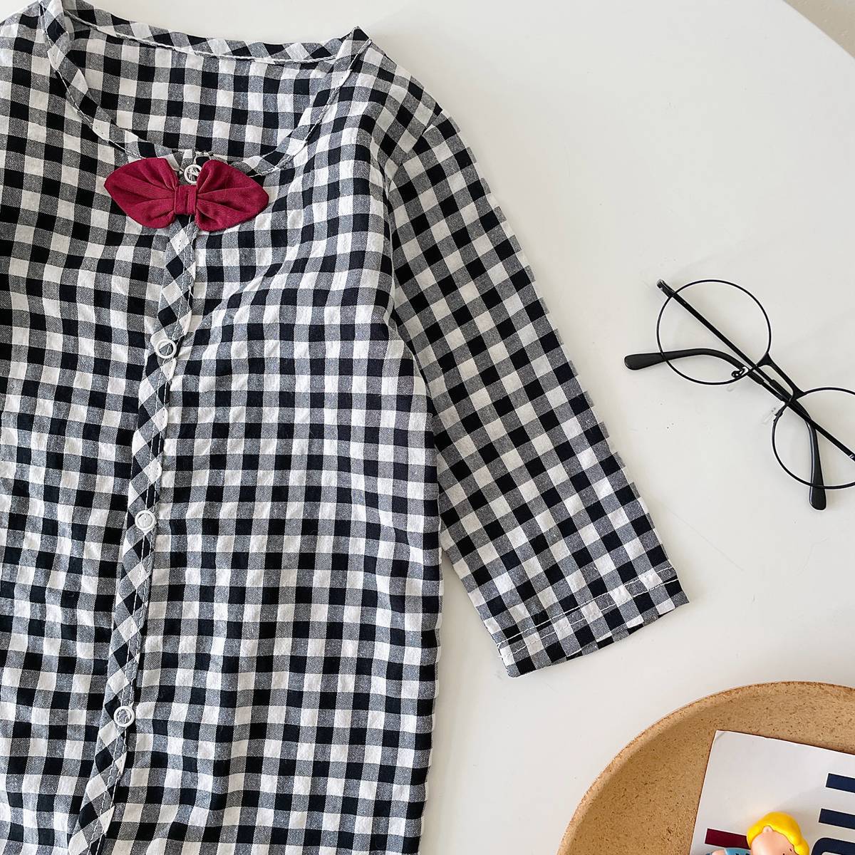Baby Boy Plaid Pattern Bow Patched Design Cotton Jumpsuit-8